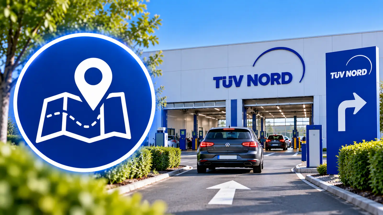 Zufahrt zu einer TÜV NORD Prüfstation mit Wegweiser und Kartensymbol