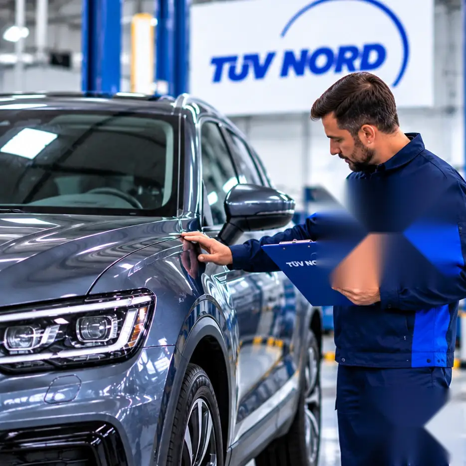 Sachverständiger prüft Lack und Zustand eines Pkw für die Fahrzeugbewertung