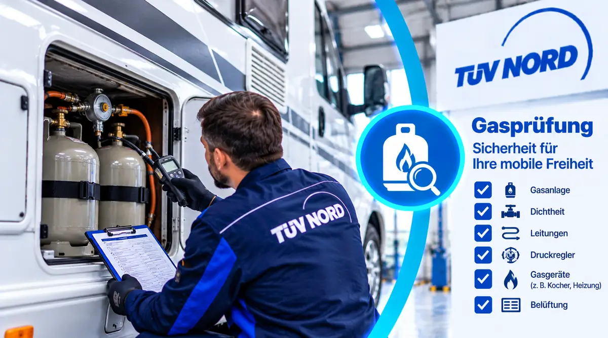 Prüfer misst an der Gasflaschenanlage eines Wohnmobils die Dichtheit