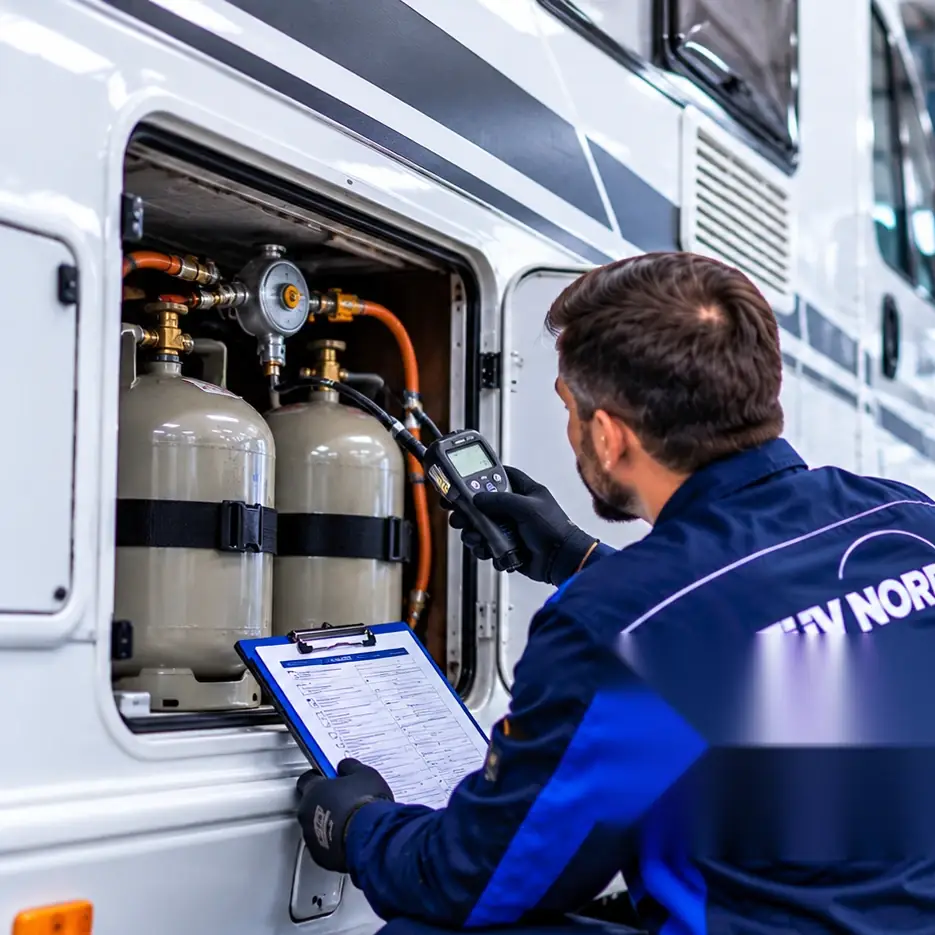 Prüfer misst an der Gasflaschenanlage eines Wohnmobils die Dichtheit