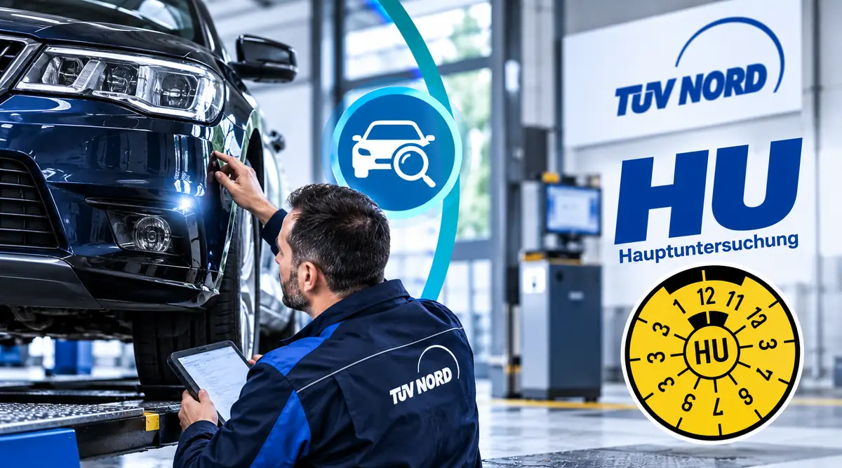 Prüfingenieur kontrolliert Scheinwerfer und Karosserie eines Pkw bei der Hauptuntersuchung