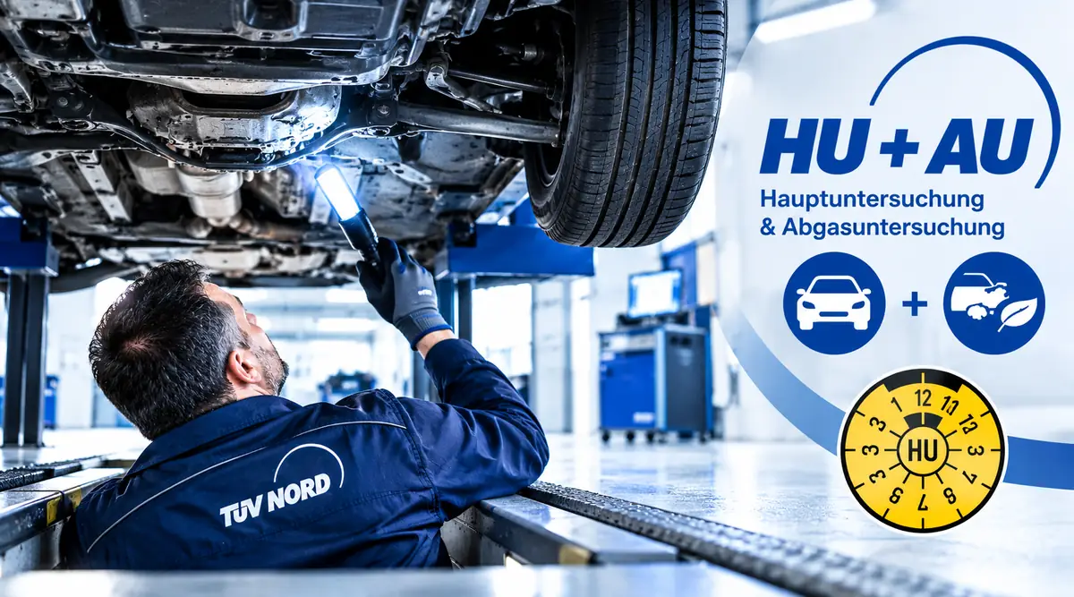 Prüfingenieur untersucht den Unterboden eines Pkw auf der Hebebühne bei HU und AU