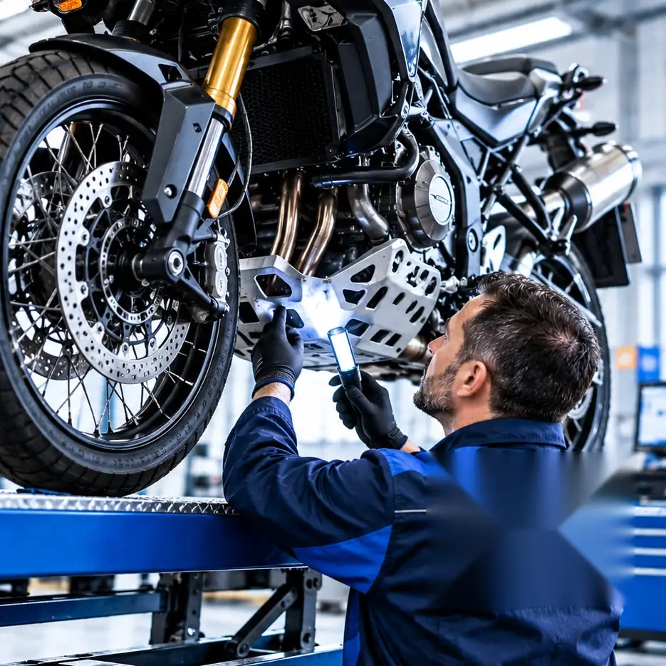 Prüfingenieur leuchtet bei der Motorrad-Hauptuntersuchung den Motorbereich aus