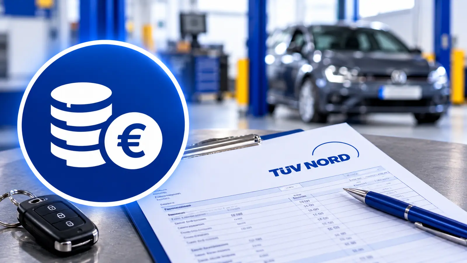 Prüfbericht von TÜV NORD mit Gebührenübersicht, Kugelschreiber und Autoschlüssel