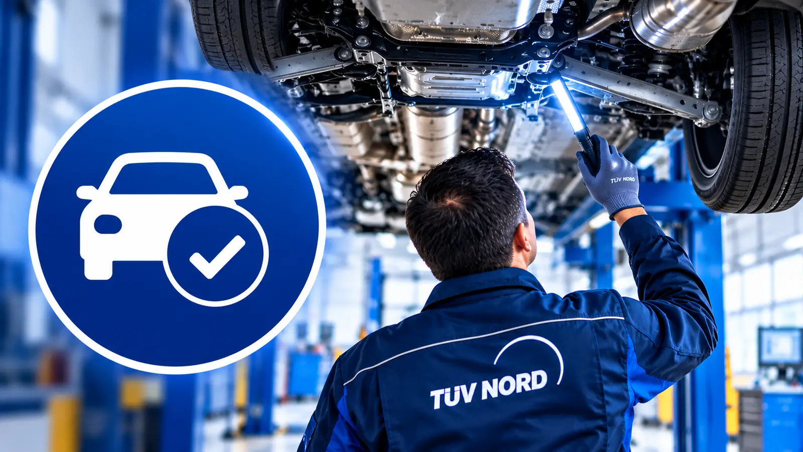 Prüfingenieur von TÜV NORD prüft den Unterboden eines Pkw auf der Hebebühne