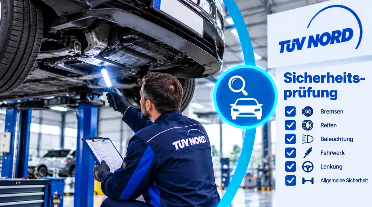 Prüfingenieur kontrolliert bei der Sicherheitsprüfung den Unterboden eines Fahrzeugs