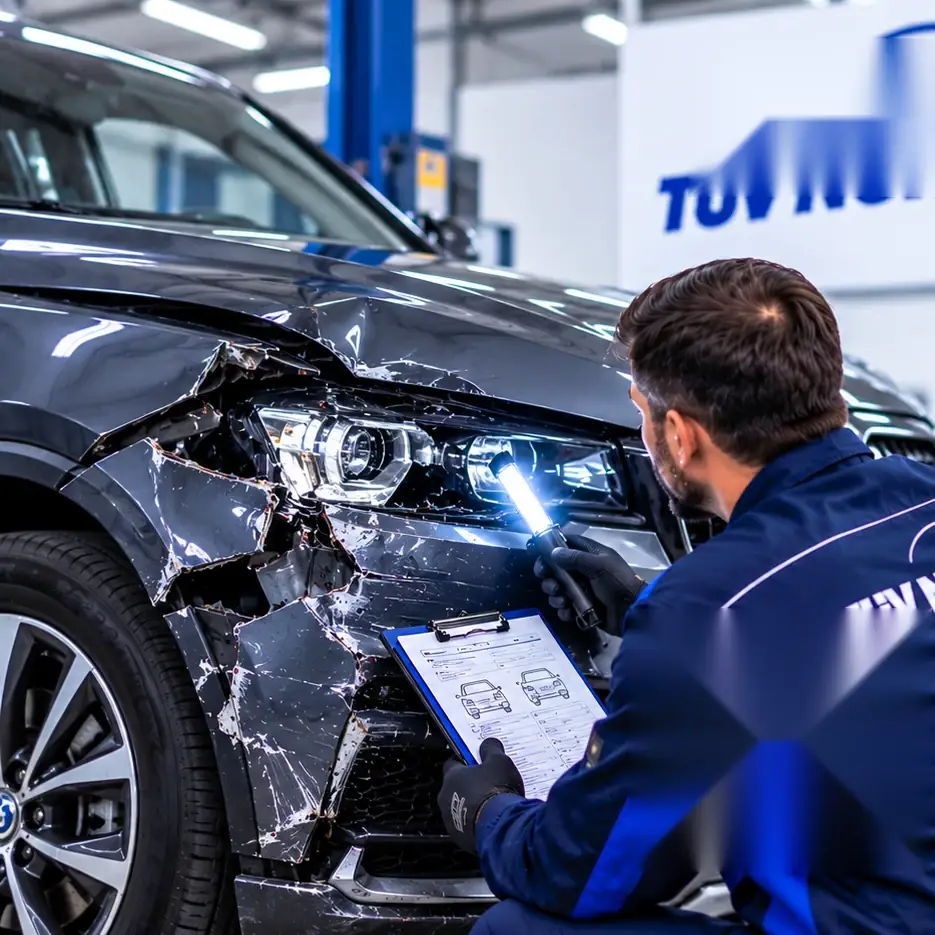 Kfz-Sachverständiger nimmt den Frontschaden eines Unfallfahrzeugs auf