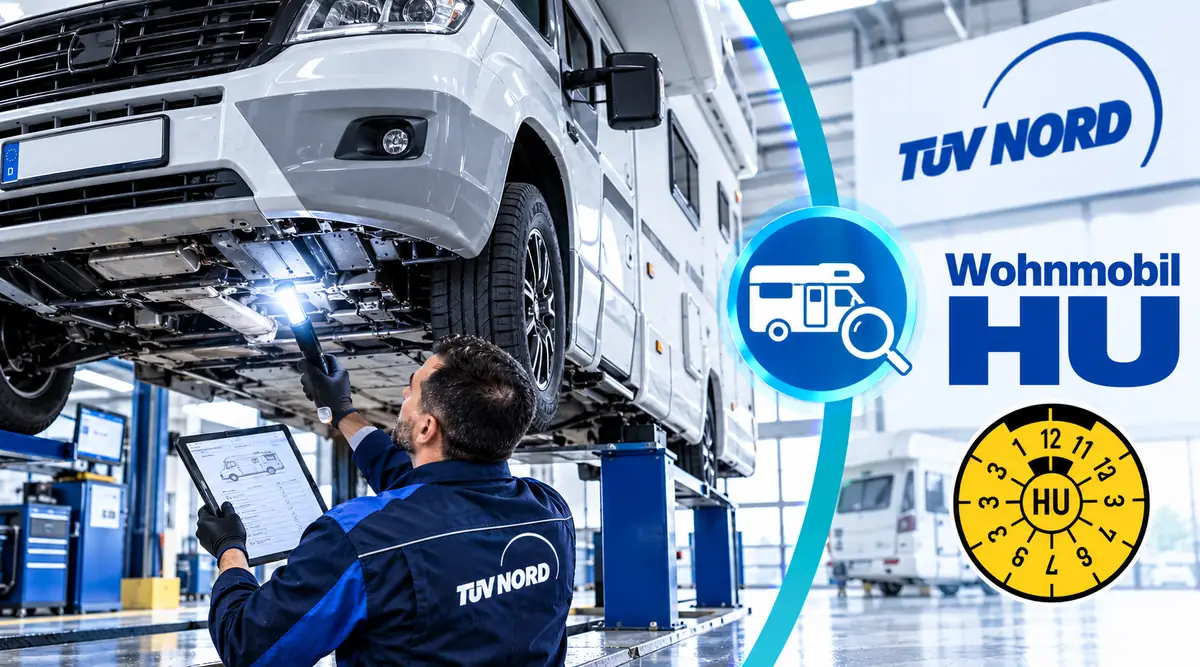 Prüfingenieur untersucht den Unterboden eines Wohnmobils auf der Hebebühne