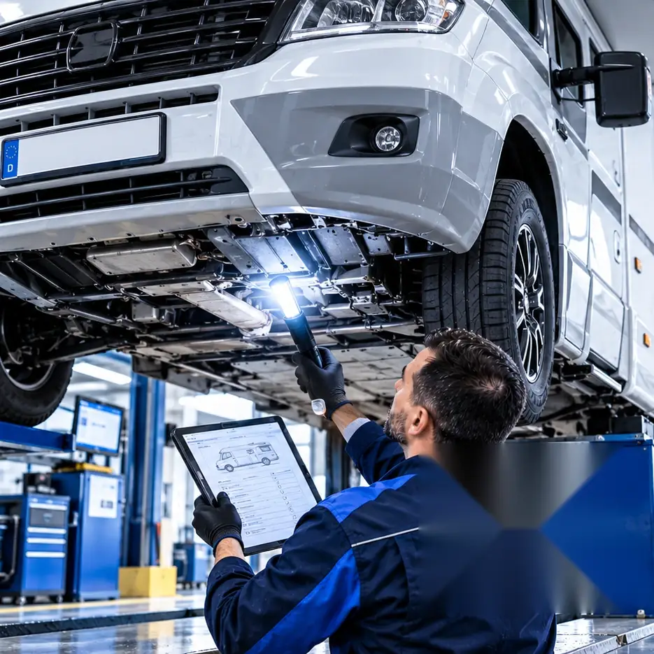 Prüfingenieur untersucht den Unterboden eines Wohnmobils auf der Hebebühne